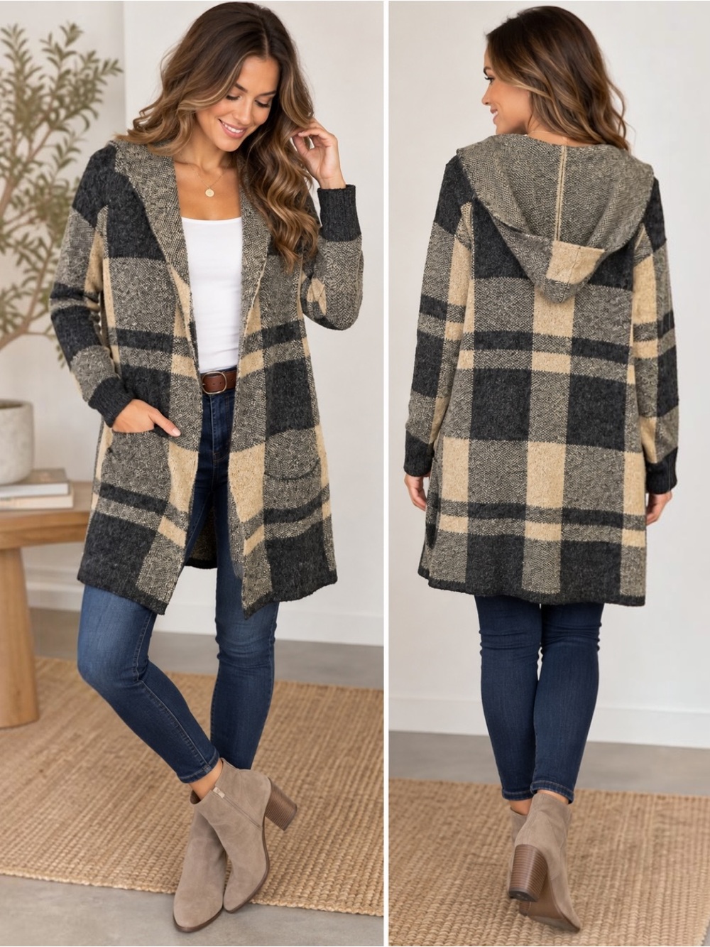 Cyrus Plaid Hooded Cardigan L Longline Coatigan Black Gray Tan